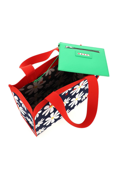 Shop Marni Daisy Jacquard Canvas Shopping Bag In Blue,red,white