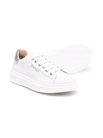 Shop Twinset Logo-print Leather Sneakers In White