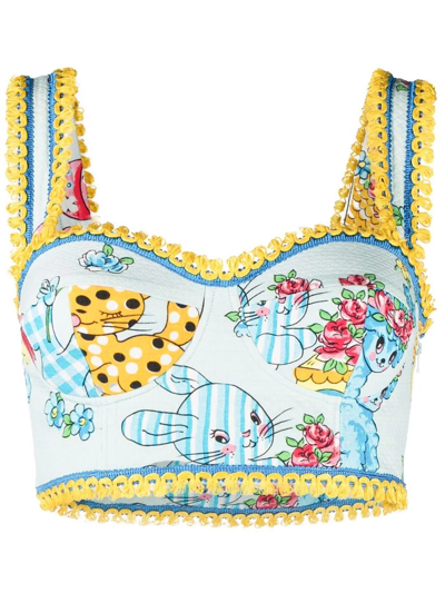 Shop Moschino Sweetheart-neck Printed Crop Top In Blue