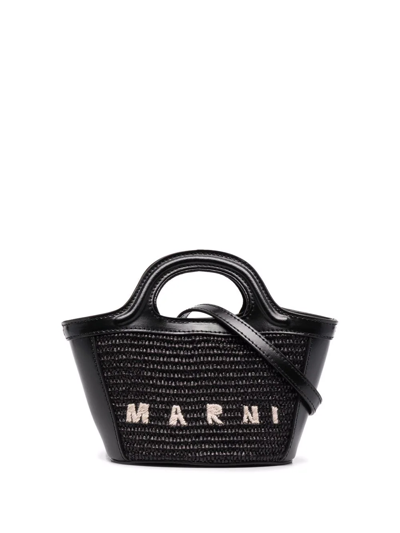 Marni Tropicalia Structured Shoulder Bag With Raffia Panels In Black
