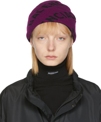 Shop Balenciaga Purple Allover Logo Beanie In 5272 Purple/black