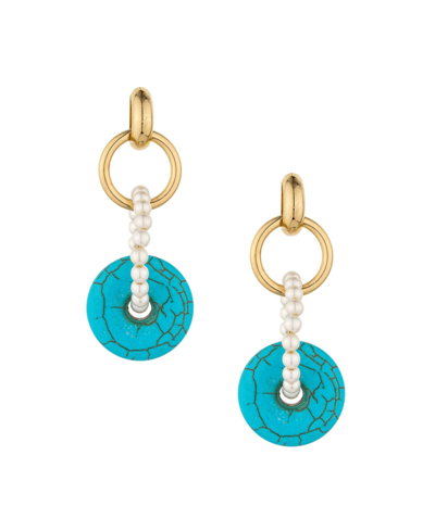 Shop Ettika Imitation Pearl And Turquoise Donut Drop Earrings In Gold-tone