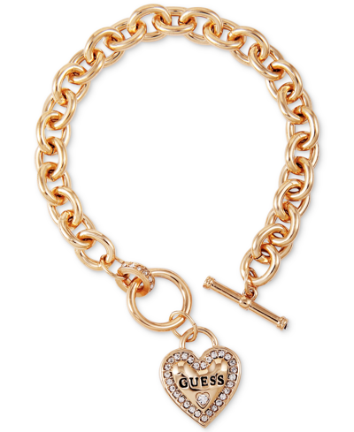 Guess Gold-tone Pave Logo Heart Link Bracelet In Gold
