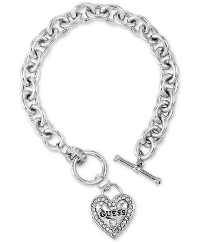 Shop Guess Silver-tone Pave Logo Heart Link Bracelet