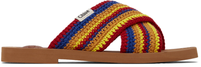 Shop Chloé Multicolor Crochet Woody Flat Sandals In 69a Multicolor Red 1