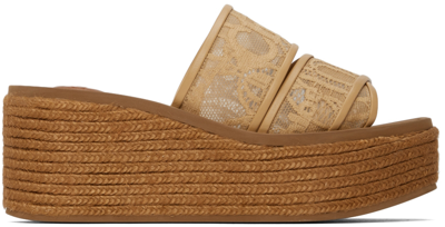 Shop Chloé Beige Lace Woody Wedge Heeled Sandals In 268 Biscotti Beige