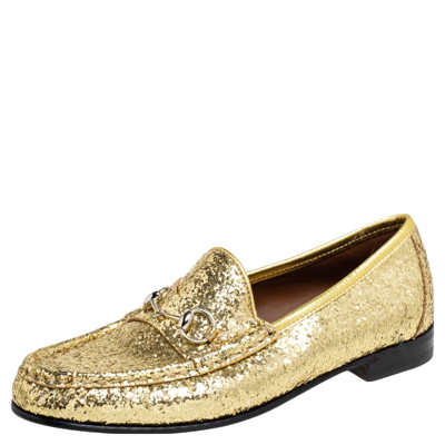 Pre-owned Gucci Gold Glitter Horsebit Loafers Size 37