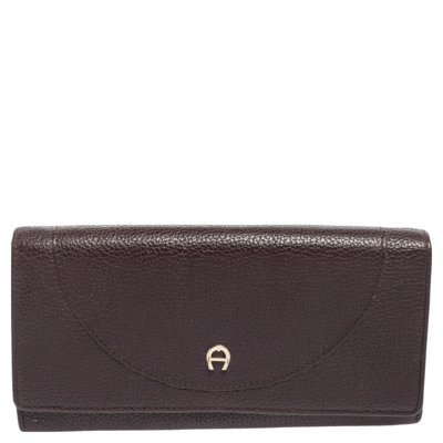 Pre-owned Aigner Plum Leather Logo Flap Continental Wallet In Purple