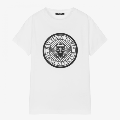 Shop Balmain Boys Teen White Cotton Logo T-shirt