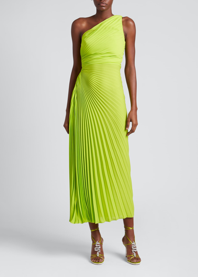 Shop Valentino Pleated One-shoulder Draped Gown In Lime