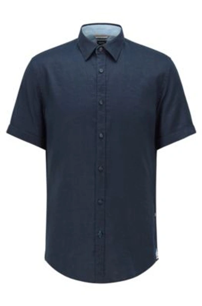 Shop Hugo Boss Short-sleeved Slim-fit Shirt In Stretch Linen In Dark Blue