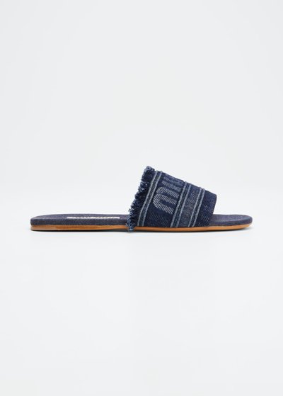 Shop Miu Miu Frayed Denim Logo Flat Sandals In Bleu
