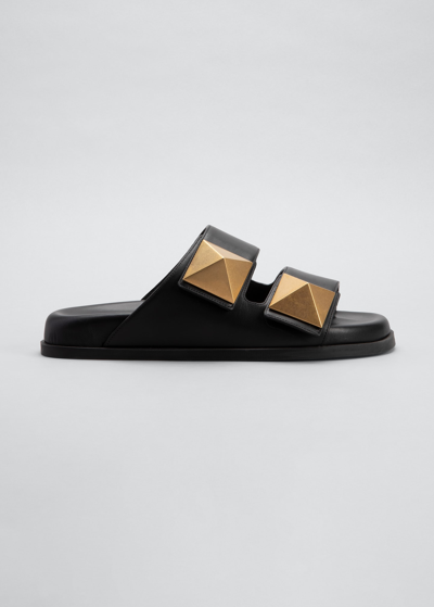 Shop Valentino Roman Stud Dual-band Slide Sandals In 0no Nero