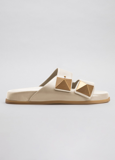 Shop Valentino Roman Stud Dual-band Slide Sandals In I16 Light Ivory