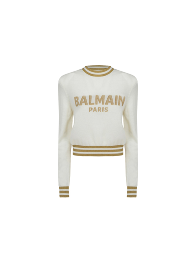 Shop Balmain Cropped Pullover In Naturel/or