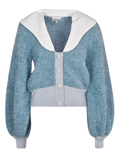 Shop Ganni Ribbed Knit Buttoned Cardigan In Placid Blue