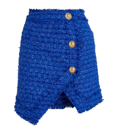 Shop Balmain Tweed Asymmetric Mini Skirt In Blue