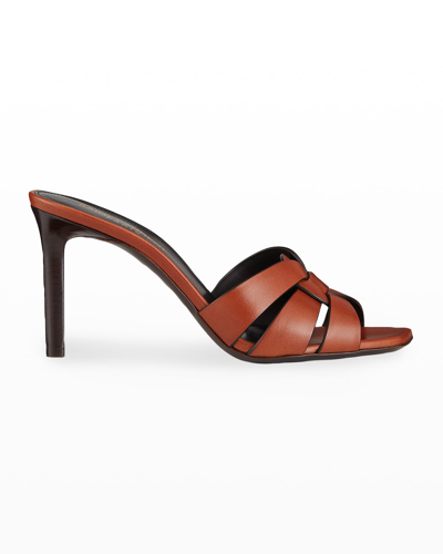 Shop Saint Laurent Tribute Woven Calfskin Stiletto Sandals In Brown