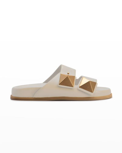 Shop Valentino Roman Stud Dual-band Slide Sandals In I16 Light Ivory