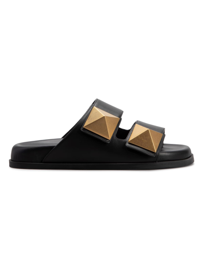 Shop Valentino Roman Stud Dual-band Slide Sandals In 0no Nero