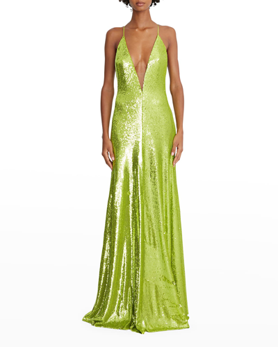 Halston Kiara Sequin Plunge Neck Gown In Neon Green