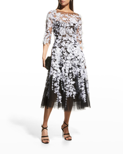 Shop Marchesa Cascading Floral Embroidered Illusion Tulle Midi Dress In Black