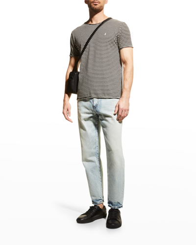 Shop Saint Laurent Men's Fine Stripe Linen-blend T-shirt In Nero-natur