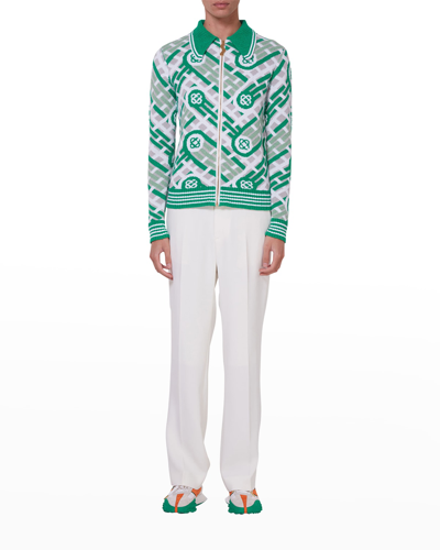 Shop Casablanca Men's Monogram Full-zip Knit Sweater In Green Monogram