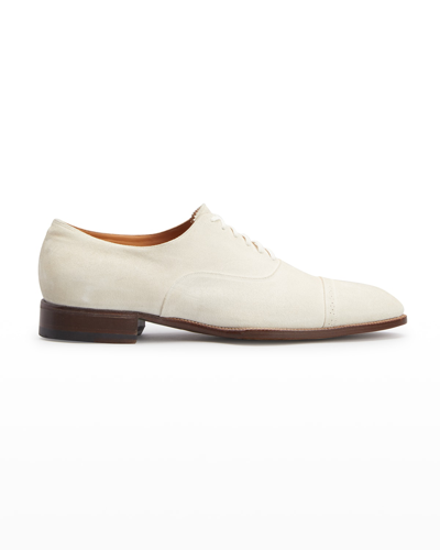 Shop Tom Ford Men's Cap-toe Suede Dress Oxfords In Off White