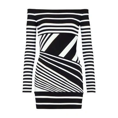 Shop Balmain Short And Striped Jacquard Dress In Eab Noir Blanc