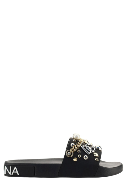 Shop Dolce & Gabbana Stud Embellished Sliders In Black