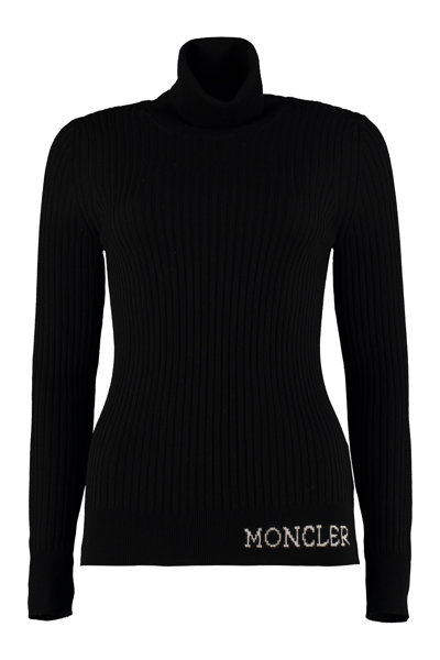 Shop Moncler Logo Intarsia Turtleneck Jumper In Black