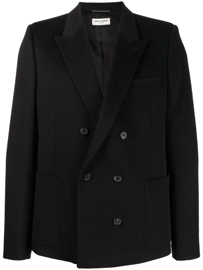Shop Saint Laurent Double-breasted Wool Blazer In Black