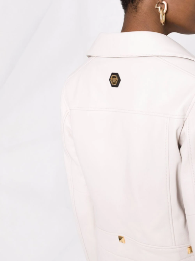 Shop Philipp Plein Studded Logo-patch Biker Jacket In White
