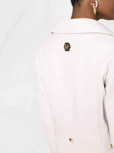 Shop Philipp Plein Studded Biker Jacket In White