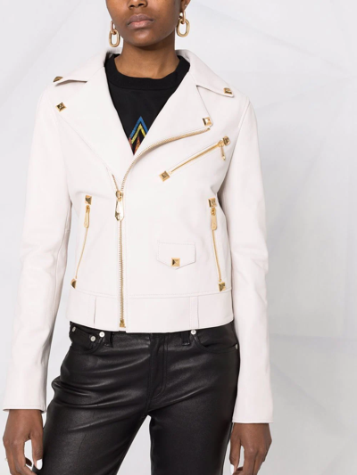 Philipp Plein Studded Logo-patch Biker Jacket In White