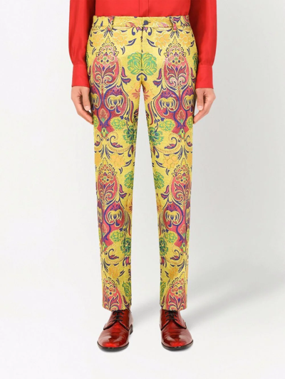 Shop Dolce & Gabbana Patterned Jacquard Tailored Trousers In Yellow