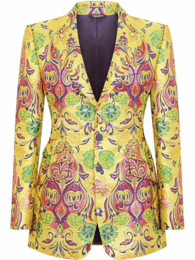 Shop Dolce & Gabbana Patterned Jacquard Suit Jacket In Yellow
