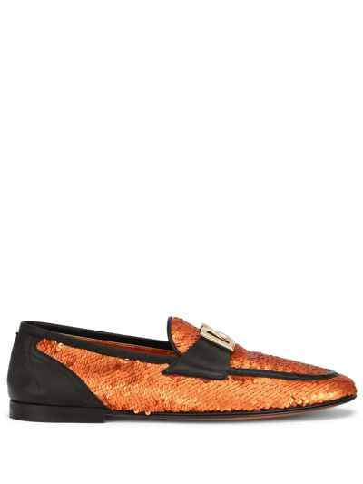 Shop Dolce & Gabbana Ariosto Sequin-embellished Slippers In Orange