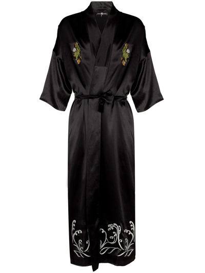 Shop Edward Crutchley Ferret-embroidered Silk Robe In Black