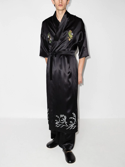 Shop Edward Crutchley Ferret-embroidered Silk Robe In Black