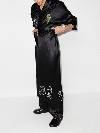 Shop Edward Crutchley Ferret-embroidered Silk Robe In Black