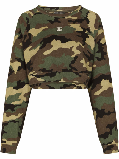 Dolce Gabbana Camo Crystal Logo Plaque Crop Sweatshirt In