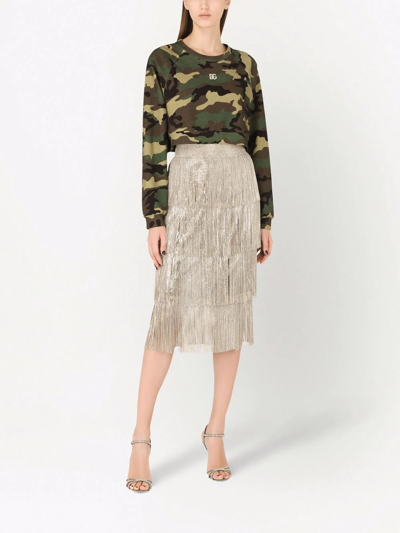 Dolce & Gabbana Camo Crystal Logo Plaque Crop Sweatshirt In Green