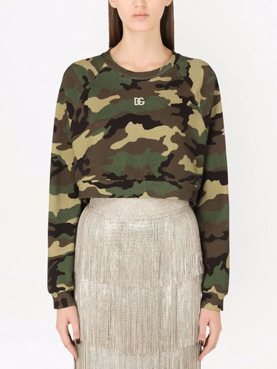 Dolce & Gabbana Camo Crystal Logo Plaque Crop Sweatshirt In Green