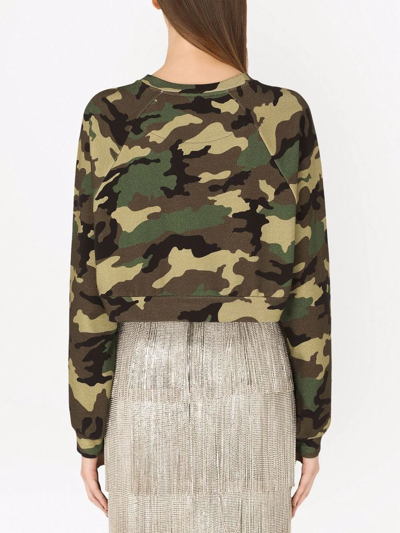 Dolce & Gabbana Camo Crystal Logo Plaque Crop Sweatshirt In Green