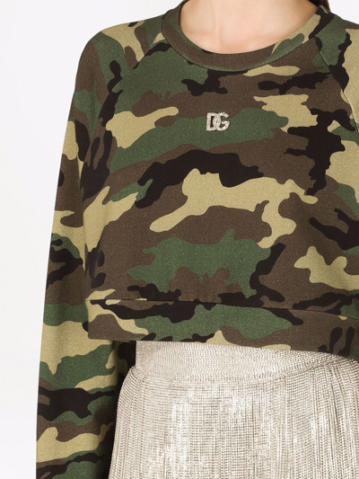 Dolce & Gabbana Camo Crystal Logo Plaque Crop Sweatshirt In Green