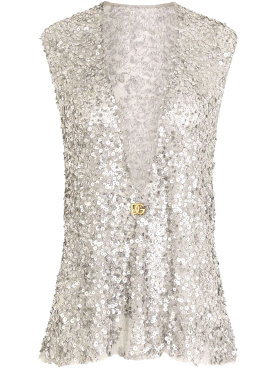 Shop Dolce & Gabbana Sequin-embellished Sleeveless Blouse In Silver