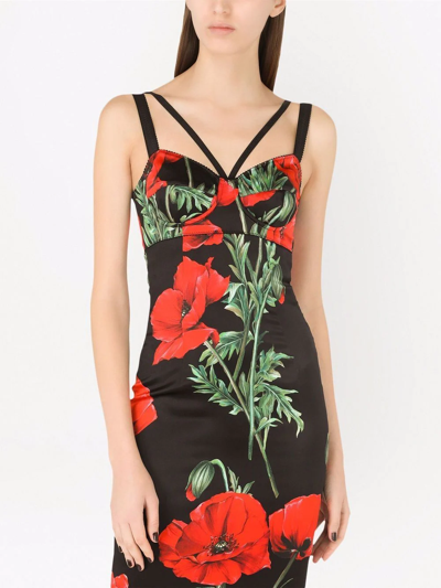 Shop Dolce & Gabbana Poppy-print Fitted Dress In Black