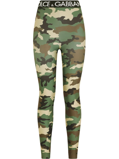 Shop Dolce & Gabbana Logo-waistband Camouflage-print Leggings In Green